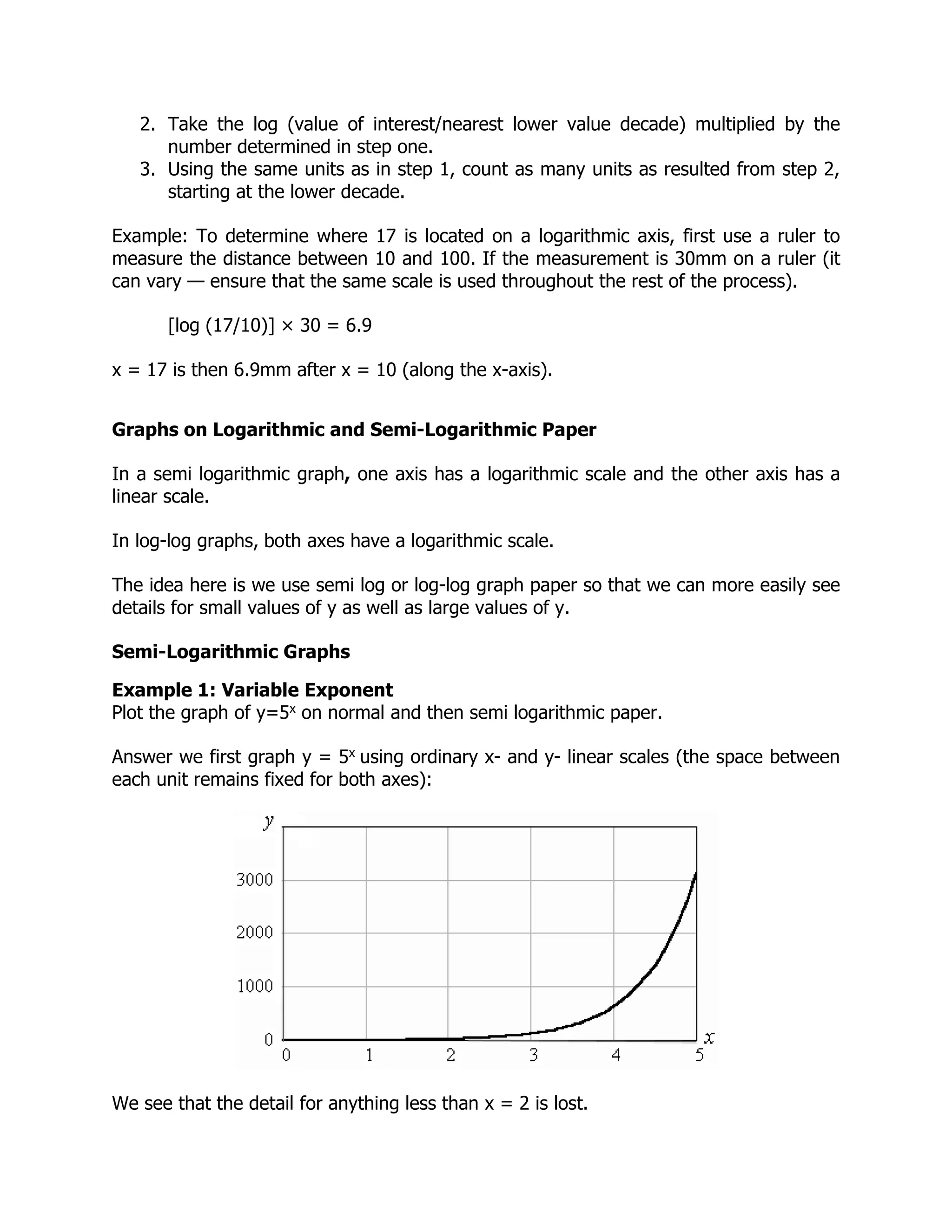 2. Take the log (value of interest/nearest lower value decade) multiplied by the
number determined in step one.
3. Using the same units as in step 1, count as many units as resulted from step 2,
starting at the lower decade.
Example: To determine where 17 is located on a logarithmic axis, first use a ruler to
measure the distance between 10 and 100. If the measurement is 30mm on a ruler (it
can vary — ensure that the same scale is used throughout the rest of the process).
[log (17/10)] × 30 = 6.9
x = 17 is then 6.9mm after x = 10 (along the x-axis).
Graphs on Logarithmic and Semi-Logarithmic Paper
In a semi logarithmic graph, one axis has a logarithmic scale and the other axis has a
linear scale.
In log-log graphs, both axes have a logarithmic scale.
The idea here is we use semi log or log-log graph paper so that we can more easily see
details for small values of y as well as large values of y.
Semi-Logarithmic Graphs
Example 1: Variable Exponent
Plot the graph of y=5x on normal and then semi logarithmic paper.
Answer we first graph y = 5x using ordinary x- and y- linear scales (the space between
each unit remains fixed for both axes):
We see that the detail for anything less than x = 2 is lost.
 