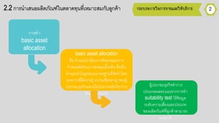 2.2 การนาเสนอกผลิตภัณฑ์ในตลาดทนที่เหมาะสมกับลูกค้า
การทา
basic asset
allocation
basic asset allocation
คือก คาแนะนาเรื่อกงการจัดสรรและการ
กาหนดสัดส่วนการลงทนเบื้อกงต้น ซึ่งเป็น
คาแนะนาในรูปแบบมาตรฐานที่จัดทาโดย
บคลากรที่มีความรู้ ความเชี่ยวชาญ ขอกงผู้
ประกอกบธรกิจและเป็นไปตามหลักวิชาการ
อกันเป็นที่ยอกมรับ
ผู้ประกอกบธรกิจทาการ
ประมวลผลคะแนนจากการทา
suitability test ให้ข้อกมูล
ระดับความเสี่ยงและประเภท
ขอกงผลิตภัณฑ์ที่ลูกค้าสามารถ
ลงทนได้
 