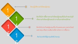 ต้อกงไม่เร่งรัดให้ผู้ลงทนตัดสินใจลงทน
1
3
1
5
1
4
41
ต้อกงปฏิบัติตามคาสั่งขอกงผู้ลงทน
ต้อกงให้บริการซื้อกขายตามคาสั่งขอกงผู้ลงทนที่เป็นเจ้าขอกงบัญชี
หรือกตามคาสั่งขอกงผู้รับมอกบอกานาจเป็นลายลักษณ์อกักษร
ต้อกงไม่รับประกันต่อกผู้ลงทนเกี่ยวกับผลตอกบแทน ผลประโยชน์
ผลขาดทน หรือกความเสียหายที่อกาจเกิดจากการซื้อกขาย
 