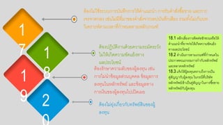 ต้อกงไม่ย่งเกี่ยวกับทรัพย์สินขอกงผู้
ลงทน
1
7
1
9
1
8
42
ต้อกงไม่ใช้ระบบการบันทึกการให้คาแนะนา การรับคาสั่งซื้อกขาย และการ
เจรจาตกลง เช่นไม่มีที่มาขอกงคาสั่งจากเทปบันทึกเสียง รวมทั้งไม่เก็บบท
วิเคราะห์ตามเวลาที่กาหนดตามหลักเกณฑ์
ต้อกงปฏิบัติงานด้วยความระมัดระวัง
ไม่ให้เกิดความขัดแย้งทาง
ผลประโยชน์
18.1 หลีกเลี่ยงการติดต่อกชักชวนหรือกให้
คาแนะนาที่อกาจก่อกให้เกิดความขัดแย้ง
ทางผลประโยชน์
18.2 ดาเนินการตามเกณฑ์ที่กาหนดใน
ประกาศคณะกรรมการกากับหลักทรัพย์
และตลาดหลักทรัพย์
18.3 แจ้งให้ผู้ลงทนทราบถึงการเป็น
คู่สัญญากับผู้ลงทน ในกรณีที่บริษัท
หลักทรัพย์เข้าเป็นคู่สัญญาในการซื้อกขาย
หลักทรัพย์กับผู้ลงทน
ต้อกงรักษาความลับขอกงผู้ลงทน เช่น
การไม่นาข้อกมูลส่วนบคคล ข้อกมูลการ
ลงทนในหลักทรัพย์ และข้อกมูลทาง
การเงินขอกงผู้ลงทนไปเปิดเผย
 