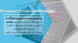 การให้คาแนะนาการลงทุนที่เห
มะสม หมายถึง กระบวนการให้คาแนะนา
ทางเลือกกการลงทนต่างๆ กลยทธ์การลงทนให้
สอกดคล้อกงกับวัตถประสงค์
ระดับการยอกมรับความเสี่ยง ข้อกจากัดการลงทน
และสถานะทางการเงิน
ห้คาแนะนาการลงทุนที่เหมะสม
 