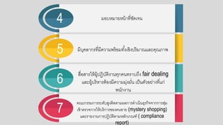 7
6
5
4 มอกบหมายหน้าที่ชัดเจน
มีบคลากรที่มีความพร้อกมทั้งเชิงปริมาณและคณภาพ
สื่อกสารให้ผู้ปฏิบัติงานทกคนทราบถึง fair dealing
และผู้บริหารต้อกงมีความม่งมั่น เป็นตัวอกย่างที่แก่
พนักงาน
คณะกรรมการระดับสูงติดตามผลการดาเนินธรกิจจากการส่ม
เข้าตรวจการให้บริการขอกงคนขาย (mystery shopping)
และรายงานการปฏิบัติตามหลักเกณฑ์ ( compliance
report)
 