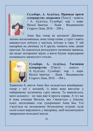 15
Сульберг, А. Аудгільд. Привиди проти
суперкрутих догралися [Текст] : повість
/ А. Аудгільд Сульберг; пер. з норв.
Наталі Іванчук. – Львів : Видавництво
Старого Лева, 2018. – 200 с.
Анне Беа тепер не впізнати! Дівчинка
значно посміливішала, вона тепер співає у гурті і навіть
наважується поїхати у шкільну поїздку в гори. У цій
мандрівці на дівчинку та її друзів, чекають нові, цікаві
пригоди. Їм доведеться розгадувати таємницю привида,
що видає моторошні звуки, а вночі блукає коридорами
колишнього закинутого готелю.
Сульберг, А. Аудгільд. Таємниця
суперкрутих [Текст] : повість /
А. Аудгільд Сульберг; пер. з норв.
Наталі Іванчук. – Львів : Видавництво
Старого Лева, 2018. – 184 с.
Здавалося б, життя Анне Беа складається якнайкраще:
тепер у неї є коханий, із яким вона виступає у
найкращому музичному гурті школи. Та виявляється,
мати коханого – не така вже й проста справа. А тут ще
й нова учениця Наталія, яка з’являється у їхньому
класі, несподівано стає суперницею Анне Беа. Усе
з’ясується на загадковому безлюдному острові, куди
сьомі класи вирушають у мандрівку, щоб відсвяткувати
завершення молодшої школи.
 