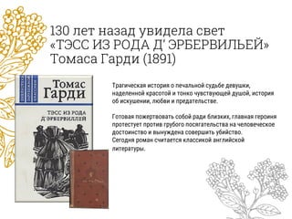 130 лет назад увидела свет
«ТЭСС ИЗ РОДА Д‘ ЭРБЕРВИЛЬЕЙ»
Томаса Гарди (1891)
Трагическая история о печальной судьбе девушки,
наделенной красотой и тонко чувствующей душой, история
об искушении, любви и предательстве.
Готовая пожертвовать собой ради близких, главная героиня
протестует против грубого посягательства на человеческое
достоинство и вынуждена совершить убийство.
Сегодня роман считается классикой английской
литературы.
 