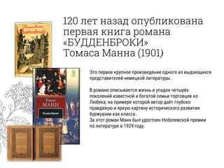120 лет назад опубликована
первая книга романа
«БУДДЕНБРОКИ»
Томаса Манна (1901)
Это первое крупное произведение одного из выдающихся
представителей немецкой литературы.
В романе описывается жизнь и упадок четырёх
поколений известной и богатой семьи торговцев из
Любека, на примере которой автор даёт глубоко
правдивую и яркую картину исторического развития
буржуазии как класса .
За этот роман Манн был удостоен Нобелевской премии
по литературе в 1929 году.
 