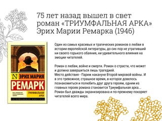 75 лет назад вышел в свет
роман «ТРИУМФАЛЬНАЯ АРКА»
Эрих Марии Ремарка (1946)
Один из самых красивых и трагических романов о любви в
истории европейской литературы, до сих пор не утративший
ни своего горького обаяния, ни удивительного влияния на
эмоции читателей.
Роман о любви, войне и смерти. Роман о страсти, что может
и должна завершиться лишь трагедией.
Место действия - Париж накануне Второй мировой войны. И
в это тревожное, страшное время, в которое довелось
познакомиться и полюбить друг друга героям, одним из
главных героев романа становится Триумфальная арка...
Роман был дважды экранизирована и по-прежнему покоряет
читателей всего мира.
 