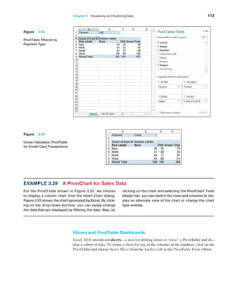 Chapter 3   Visualizing and Exploring Data 113
Figure 3.53
PivotTable Filtered by
Payment Type
Figure 3.54
Cross-Tabulation PivotTable
for Credit-Card Transactions
Example 3.29 A PivotChart for Sales Data
For the PivotTable shown in Figure 3.52, we choose
to display a column chart from the Insert Chart dialog.
­
Figure 3.55 shows the chart generated by Excel. By click-
ing on the drop-down buttons, you can easily change
the data that are displayed by filtering the data. Also, by
clicking on the chart and selecting the PivotChart Tools
Design tab, you can switch the rows and columns to dis-
play an alternate view of the chart or change the chart
type entirely.
Slicers and PivotTable Dashboards
Excel 2010 introduced slicers—a tool for drilling down to “slice” a PivotTable and dis-
play a subset of data. To create a slicer for any of the columns in the database, click on the
PivotTable and choose Insert Slicer from the Analyze tab in the PivotTable Tools ribbon.
 