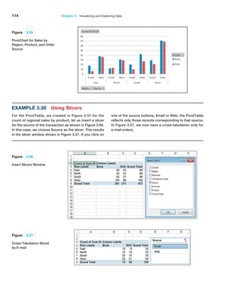 114 Chapter 3   Visualizing and Exploring Data
Figure 3.55
PivotChart for Sales by
Region, Product, and Order
Source
Example 3.30 Using Slicers
For the PivotTable, we created in Figure 3.51 for the
count of regional sales by product, let us insert a slicer
for the source of the transaction as shown in Figure 3.56.
In this case, we choose Source as the slicer. This results
in the slicer window shown in Figure 3.57. If you click on
one of the source buttons, Email or Web, the PivotTable
reflects only those records corresponding to that source.
In Figure 3.57, we now have a cross-tabulation only for
e-mail orders.
Figure 3.56
Insert Slicers Window
Figure 3.57
Cross-Tabulation Sliced
by E-mail
 