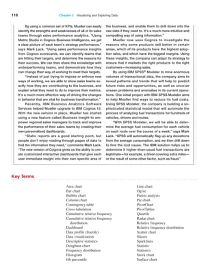 116 Chapter 3   Visualizing and Exploring Data
Area chart
Bar chart
Bubble chart
Column chart
Contingency table
Cross-tabulation
Cumulative relative frequency
Cumulative relative frequency
 ­distribution
Dashboard
Data profile (fractile)
Data visualization
Descriptive statistics
Doughnut chart
Frequency distribution
Histogram
kth percentile
Line chart
Ogive
Pareto analysis
Pie chart
PivotChart
PivotTables
Quartile
Radar chart
Relative frequency
Relative frequency distribution
Scatter chart
Slicers
Sparklines
Statistic
Statistics
Stock chart
Surface chart
Key Terms
By using a common set of KPIs, Mueller can easily
identify the strengths and weaknesses of all of its sales
teams through sales performance analytics. “Using
Metric Studio in Cognos Business Intelligence, we get
a clear picture of each team’s strategy performance,”
says Mark Lack. “Using sales performance insights
from Cognos scorecards, we can identify teams that
are hitting their targets, and determine the reasons for
their success. We can then share this knowledge with
underperforming teams, and demonstrate how they
can change their way of working to meet their targets.
“Instead of just trying to impose or enforce new
ways of working, we are able to show sales teams ex-
actly how they are contributing to the business, and
explain what they need to do to improve their metrics.
It’s a much more effective way of driving the changes
in behavior that are vital for business transformation.”
Recently, IBM Business Analytics Software
­
Services helped Mueller upgrade to IBM Cognos 10.
With the new version in place, Mueller has started
­
using a new feature called Business Insight to em-
power regional sales managers to track and improve
the ­
performance of their sales teams by creating their
own personalized dashboards.
“Static reports are a good starting point, but
people don’t enjoy reading through pages of data to
find the information they need,” comments Mark Lack.
“The new version of Cognos gives us the ability to cre-
ate customized interactive dashboards that give each
user immediate insight into their own specific area of
the business, and enable them to drill down into the
raw data if they need to. It’s a much more intuitive and
compelling way of using information.”
Mueller now uses Cognos to investigate the
reasons why some products sell better in certain
areas, which of its products have the highest adop-
tion rates, and which have the biggest margins. Using
these insights, the company can adapt its strategy to
ensure that it markets the right products to the right
­customers—increasing sales.
By using IBM SPSS® Modeler to mine enormous
volumes of transactional data, the company aims to
reveal patterns and trends that will help to predict
future risks and opportunities, as well as uncover
unseen problems and anomalies in its current opera-
tions. One initial project with IBM SPSS Modeler aims
to help Mueller find ways to reduce its fuel costs.
Using SPSS Modeler, the company is building a so-
phisticated statistical model that will automate the
process of analyzing fuel transactions for hundreds of
vehicles, drivers and routes.
“With SPSS Modeler, we will be able to deter-
mine the average fuel consumption for each vehicle
on each route over the course of a week,” says Mark
Lack. “SPSS will automatically flag up any deviations
from the average consumption, and we then drill down
to find the root cause. The IBM solution helps us to
determine if higher-than-usual fuel transactions are
legitimate—for example, a driver covering extra miles—
or the result of some other factor, such as fraud.”
 