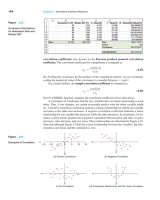144 Chapter 4  Descriptive Statistical Measures
Figure 4.23
Covariance Calculations
for Graduation Rate and
Median SAT
Figure 4.24
Examples of Correlation
(a) Positive Correlation
5
0
210
215 25 10 15
(b) Negative Correlation
(c) No Correlation (d) A Nonlinear Relationship with No Linear Correlation
Y
Y
Y
X
X
X X
Y
correlation coefficient, also known as the Pearson product moment correlation
coefficient. The correlation coefficient for a population is computed as
rxy =
cov(X, Y)
sx sy
 (4.19)
By dividing the covariance by the product of the standard deviations, we are essentially
scaling the numerical value of the covariance to a number between -1 and 1.
In a similar fashion, the sample correlation coefficient is computed as
rxy =
cov(X,Y)
sxsy
 (4.20)
Excel’s CORREL function computes the correlation coefficient of two data arrays.
A correlation of 0 indicates that the two variables have no linear relationship to each
other. Thus, if one changes, we cannot reasonably predict what the other variable might
do. A positive correlation coefficient indicates a linear relationship for which one variable
increases as the other also increases. A negative correlation coefficient indicates a linear
relationship for one variable that increases while the other decreases. In economics, for in-
stance, a price-elastic product has a negative correlation between price and sales; as price
increases, sales decrease, and vice versa. These relationships are illustrated in Figure 4.24.
Note that although Figure 4.24(d) has a clear relationship between the variables, the rela-
tionship is not linear and the correlation is zero.
 