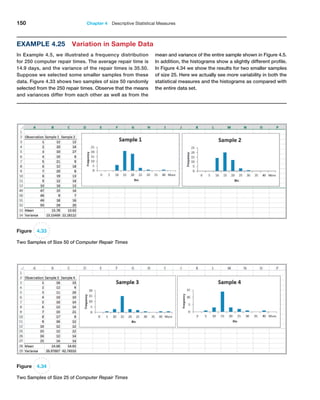 150 Chapter 4  Descriptive Statistical Measures
Example 4.25 Variation in Sample Data
In Example 4.5, we illustrated a frequency distribution
for 250 computer repair times. The average repair time is
14.9 days, and the variance of the repair times is 35.50.
Suppose we selected some smaller samples from these
data. Figure 4.33 shows two samples of size 50 randomly
­
selected from the 250 repair times. Observe that the means
and variances differ from each other as well as from the
mean and variance of the entire sample shown in Fig­
ure 4.5.
In addition, the histograms show a slightly different profile.
In Figure 4.34 we show the results for two smaller samples
of size 25. Here we actually see more variability in both the
statistical measures and the histograms as compared with
the entire data set.
Figure 4.33
Two Samples of Size 50 of Computer Repair Times
Figure 4.34
Two Samples of Size 25 of Computer Repair Times
 