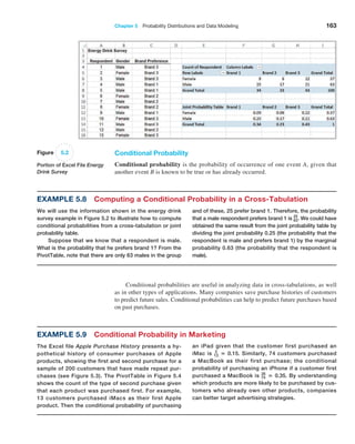 Chapter 5  Probability Distributions and Data Modeling 163
Conditional Probability
Conditional probability is the probability of occurrence of one event A, given that
another event B is known to be true or has already occurred.
Figure 5.2
Portion of Excel File Energy
Drink Survey
Example 5.8 Computing a Conditional Probability in a Cross-Tabulation
We will use the information shown in the energy drink
survey example in Figure 5.2 to illustrate how to compute
conditional probabilities from a cross-tabulation or joint
probability table.
Suppose that we know that a respondent is male.
What is the probability that he prefers brand 1? From the
PivotTable, note that there are only 63 males in the group
and of these, 25 prefer brand 1. Therefore, the probability
that a male respondent prefers brand 1 is 25
63. We could have
obtained the same result from the joint probability table by
dividing the joint probability 0.25 (the probability that the
respondent is male and prefers brand 1) by the marginal
probability 0.63 (the probability that the respondent is
male).
Conditional probabilities are useful in analyzing data in cross-tabulations, as well
as in other types of applications. Many companies save purchase histories of customers
to predict future sales. Conditional probabilities can help to predict future purchases based
on past purchases.
Example 5.9 Conditional Probability in Marketing
The Excel file Apple Purchase History presents a hy-
pothetical history of consumer purchases of Apple
products, showing the first and second purchase for a
sample of 200 customers that have made repeat pur-
chases (see ­
Figure 5.3). The PivotTable in Figure 5.4
shows the count of the type of second purchase given
that each product was purchased first. For example,
13 customers purchased iMacs as their first Apple
product. Then the conditional probability of purchasing
an iPad given that the customer first purchased an
iMac is 2
13 = 0.15. Similarly, 74 customers purchased
a ­
MacBook as their first purchase; the conditional
probability of purchasing an iPhone if a customer first
purchased a MacBook is 26
74 = 0.35. By understanding
which products are more likely to be purchased by cus-
tomers who already own other products, companies
can better target advertising strategies.
 