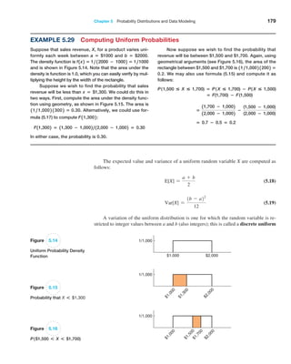Chapter 5  Probability Distributions and Data Modeling 179
The expected value and variance of a uniform random variable X are computed as
follows:
E[X] =
a + b
2
 (5.18)
Var[X] =
1b - a22
12
 (5.19)
A variation of the uniform distribution is one for which the random variable is re-
stricted to integer values between a and b (also integers); this is called a discrete uniform
Example 5.29 Computing Uniform Probabilities
Suppose that sales revenue, X, for a product varies uni-
formly each week between a = $1000 and b = $2000.
The density function is f1x2 = 1 , 12000 − 10002 = 1 ,1000
and is shown in Figure 5.14. Note that the area under the
density is function is 1.0, which you can easily verify by mul-
tiplying the height by the width of the rectangle.
Suppose we wish to find the probability that sales
revenue will be less than x = $1,300. We could do this in
two ways. First, compute the area under the density func-
tion using geometry, as shown in Figure 5.15. The area is
1 1 ,1,000 2 1 300 2 = 0.30. Alternatively, we could use for-
mula (5.17) to compute F1 1,3002 :
F11,3002 = 11,300 − 1,0002 ,12,000 − 1,0002 = 0.30
In either case, the probability is 0.30.
Now suppose we wish to find the probability that
revenue will be between $1,500 and $1,700. Again, using
geometrical arguments (see Figure 5.16), the area of the
rectangle between $1,500 and $1,700 is 11 ,1,0002 12002 =
0.2. We may also use formula (5.15) and compute it as
follows:
P(1,500  X  1,700) = P( X  1,700) − P( X  1,500)
= F(1,700) − F(1,500)
=
11,700 − 1,0002
12,000 − 1,0002
−
(1,500 − 1,000)
(2,000 − 1,000)
= 0.7 − 0.5 = 0.2
1/1,000
$1,000 $2,000
Figure 5.14
Uniform Probability Density
Function
1/1,000
$
1
,
0
0
0
$
1
,
3
0
0
$
2
,
0
0
0
Figure 5.15
Probability that X * $1,300
$
1
,
0
0
0
$
1
,
5
0
0
$
2
,
0
0
0
$
1
,
7
0
0
1/1,000
Figure 5.16
P($1,500 * X * $1,700)
 
