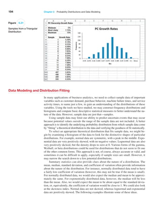194 Chapter 5  Probability Distributions and Data Modeling
Data Modeling and Distribution Fitting
In many applications of business analytics, we need to collect sample data of important
variables such as customer demand, purchase behavior, machine failure times, and service
activity times, to name just a few, to gain an understanding of the distributions of these
variables. Using the tools we have studied, we may construct frequency distributions and
histograms and compute basic descriptive statistical measures to better understand the na-
ture of the data. However, sample data are just that—samples.
Using sample data may limit our ability to predict uncertain events that may occur
because potential values outside the range of the sample data are not included. A better
approach is to identify the underlying probability distribution from which sample data come
by “fitting” a theoretical distribution to the data and verifying the goodness of fit statistically.
To select an appropriate theoretical distribution that fits sample data, we might be-
gin by examining a histogram of the data to look for the distinctive shapes of particular
distributions. For example, normal data are symmetric, with a peak in the middle. Expo-
nential data are very positively skewed, with no negative values. Lognormal data are also
very positively skewed, but the density drops to zero at 0. Various forms of the gamma,
Weibull, or beta distributions could be used for distributions that do not seem to fit one
of the other common forms. This approach is not, of course, always accurate or valid, and
sometimes it can be difficult to apply, especially if sample sizes are small. However, it
may narrow the search down to a few potential distributions.
Summary statistics can also provide clues about the nature of a distribution. The
mean, median, standard deviation, and coefficient of variation often provide information
about the nature of the distribution. For instance, normally distributed data tend to have
a fairly low coefficient of variation (however, this may not be true if the mean is small).
For normally distributed data, we would also expect the median and mean to be approxi-
mately the same. For exponentially distributed data, however, the median will be less
than the mean. Also, we would expect the mean to be about equal to the standard devia-
tion, or, equivalently, the coefficient of variation would be close to 1. We could also look
at the skewness index. Normal data are not skewed, whereas lognormal and exponential
data are positively skewed. The following examples illustrate some of these ideas.
Figure 5.31
Samples from a Triangular
Distribution
 