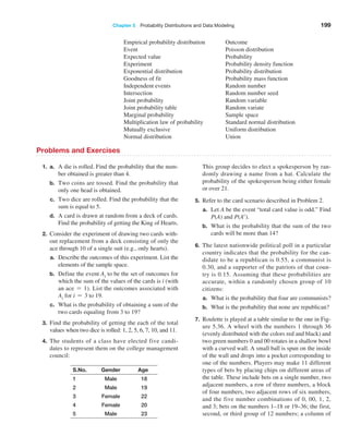 Chapter 5  Probability Distributions and Data Modeling 199
Problems and Exercises
Empirical probability distribution
Event
Expected value
Experiment
Exponential distribution
Goodness of fit
Independent events
Intersection
Joint probability
Joint probability table
Marginal probability
Multiplication law of probability
Mutually exclusive
Normal distribution
Outcome
Poisson distribution
Probability
Probability density function
Probability distribution
Probability mass function
Random number
Random number seed
Random variable
Random variate
Sample space
Standard normal distribution
Uniform distribution
Union
1. a.	
A die is rolled. Find the probability that the num-
ber obtained is greater than 4.
b. Two coins are tossed. Find the probability that
only one head is obtained.
c. Two dice are rolled. Find the probability that the
sum is equal to 5.
d. A card is drawn at random from a deck of cards.
Find the probability of getting the King of Hearts.
2. Consider the experiment of drawing two cards with-
out replacement from a deck consisting of only the
ace through 10 of a single suit (e.g., only hearts).
a. Describe the outcomes of this experiment. List the
elements of the sample space.
b. Define the event Ai to be the set of outcomes for
which the sum of the values of the cards is i (with
an ace = 1). List the outcomes associated with
Ai for i = 3 to 19.
c. What is the probability of obtaining a sum of the
two cards equaling from 3 to 19?
3. Find the probability of getting the each of the total
values when two dice is rolled: 1, 2, 5, 6, 7, 10, and 11.
4. The students of a class have elected five candi-
dates to represent them on the college management
council:
S.No. Gender Age
1 Male 18
2 Male 19
3 Female 22
4 Female 20
5 Male 23
This group decides to elect a spokesperson by ran-
domly drawing a name from a hat. Calculate the
probability of the spokesperson being either female
or over 21.
5. Refer to the card scenario described in Problem 2.
a. Let A be the event “total card value is odd.” Find
P(A) and P(Ac
).
b. What is the probability that the sum of the two
cards will be more than 14?
6. The latest nationwide political poll in a particular
country indicates that the probability for the can-
didate to be a republican is 0.55, a communist is
0.30, and a supporter of the patriots of that coun-
try is 0.15. Assuming that these probabilities are
accurate, within a randomly chosen group of 10
citizens:
a. What is the probability that four are communists?
b. What is the probability that none are republican?
7. Roulette is played at a table similar to the one in Fig-
ure 5.36. A wheel with the numbers 1 through 36
(evenly distributed with the colors red and black) and
two green numbers 0 and 00 rotates in a shallow bowl
with a curved wall. A small ball is spun on the inside
of the wall and drops into a pocket corresponding to
one of the numbers. Players may make 11 different
types of bets by placing chips on different areas of
the table. These include bets on a single number, two
adjacent numbers, a row of three numbers, a block
of four numbers, two adjacent rows of six numbers,
and the five number combinations of 0, 00, 1, 2,
and 3; bets on the numbers 1–18 or 19–36; the first,
­
second, or third group of 12 numbers; a column of
 