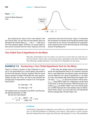 238 Chapter 7  Statistical Inference
0
1.05
1.68
t
Rejection
Region
Figure 7.3
t-Test for Mean Response
Time
Example 7.6 Conducting a Two-Tailed Hypothesis Test for the Mean
Figure 7.4 shows a portion of data collected in a sur-
vey of 34 respondents by a travel agency (provided in
the ­
Excel file Vacation Survey). Suppose that the travel
agency wanted to target individuals who were approxi-
mately 35 years old. Thus, we wish to test whether the
average age of respondents is equal to 35. The hypoth-
esis to test is
H0: mean age = 35
H1: mean age 3 35
The sample mean is computed to be 38.677, and the sam-
ple standard deviation is 7.858.
We use the t-test statistic:
t =
x − M0
s,1n
=
38.677 − 35
7.858,234
= 2.73
In this case, the sample mean is 2.73 standard errors
above the hypothesized mean of 35. However, because
this is a two-tailed test, the rejection region and decision
rule are different. For a level of significance A, we reject
H0 if the t-test statistic falls either below the negative criti-
cal value, − tA2,n−1, or above the positive critical value,
tA2,n−1. Using either Table A.2 in Appendix A at the back
of this book or the Excel function T.INV.2T(.05,33) to cal-
culate t0.025,33, we obtain 2.0345. Thus, the critical values
are ±2.0345. Because the t-test statistic does not fall be-
tween these values, we must reject the null ­
hypothesis
that the average age is 35 (see Figure 7.5).
By comparing the value of the t-test statistic with
this critical value, we see that the test statistic does not
fall below the critical value (i.e., − 1.05 + −1.68) and is
not in the rejection region. Therefore, we cannot reject H0
and cannot conclude that the mean response time has
improved to less than 25 minutes. Figure 7.3 illustrates
the conclusion we reached. Even though the sample mean
is less than 25, we cannot conclude that the population
mean response time is less than 25 because of the large
amount of sampling error.
p-Values
An alternative approach to comparing a test statistic to a critical value in hypothesis test-
ing is to find the probability of obtaining a test statistic value equal to or more extreme
than that obtained from the sample data when the null hypothesis is true. This probability
Two-Tailed Test of Hypothesis for the Mean
Basically, all hypothesis tests are similar; you just have to ensure that you select the cor-
rect test statistic, critical value, and rejection region, depending on the type of hypothesis.
The following example illustrates a two-tailed test of hypothesis for the mean.
 