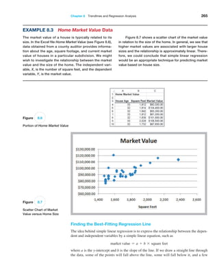 Chapter 8  Trendlines and Regression Analysis 265
Example 8.3 Home Market Value Data
The market value of a house is typically related to its
size. In the Excel file Home Market Value (see Figure 8.6),
data obtained from a county auditor provides informa-
tion about the age, square footage, and current market
value of houses in a particular subdivision. We might
wish to investigate the relationship between the market
value and the size of the home. The independent vari-
able, X, is the number of square feet, and the dependent
variable, Y, is the market value.
Figure 8.7 shows a scatter chart of the market value
in relation to the size of the home. In general, we see that
higher market values are associated with larger house
sizes and the relationship is approximately linear. There-
fore, we could conclude that simple linear regression
would be an appropriate technique for predicting market
value based on house size.
Figure 8.6
Portion of Home Market Value
Figure 8.7
Scatter Chart of Market
Value versus Home Size
Finding the Best-Fitting Regression Line
The idea behind simple linear regression is to express the relationship between the depen-
dent and independent variables by a simple linear equation, such as
market value = a + b * square feet
where a is the y-intercept and b is the slope of the line. If we draw a straight line through
the data, some of the points will fall above the line, some will fall below it, and a few
 