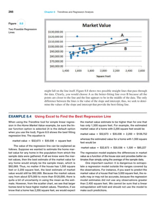 266 Chapter 8  Trendlines and Regression Analysis
might fall on the line itself. Figure 8.8 shows two possible straight lines that pass through
the data. Clearly, you would choose A as the better-fitting line over B because all the
points are closer to the line and the line appears to be in the middle of the data. The only
difference between the lines is the value of the slope and intercept; thus, we seek to deter-
mine the values of the slope and intercept that provide the best-fitting line.
Figure 8.8
Two Possible Regression
Lines
Example 8.4 Using Excel to Find the Best Regression Line
When using the Trendline tool for simple linear regres-
sion in the Home Market Value example, be sure the lin-
ear function option is selected (it is the default option
when you use the tool). Figure 8.9 shows the best fitting
regression line. The equation is
market value = $32,673 + $35.036 × square feet
The value of the regression line can be explained as
follows. Suppose we wanted to estimate the home mar-
ket value for any home in the population from which the
sample data were gathered. If all we knew were the mar-
ket values, then the best estimate of the market value for
any home would simply be the sample mean, which is
$92,069. Thus, no matter if the house has 1,500 square
feet or 2,200 square feet, the best estimate of market
value would still be $92,069. Because the market values
vary from about $75,000 to more than $120,000, there is
quite a bit of uncertainty in using the mean as the esti-
mate. However, from the scatter chart, we see that larger
homes tend to have higher market values. Therefore, if we
know that a home has 2,200 square feet, we would expect
the market value estimate to be higher than for one that
has only 1,500 square feet. For example, the estimated
market value of a home with 2,200 square feet would be
market value = $32,673 + $35.036 × 2,200 = $109,752
whereas the estimated value for a home with 1,500 square
feet would be
market value = $32,673 + $35.036 × 1,500 = $85,227
The regression model explains the differences in market
value as a function of the house size and provides better es-
timates than simply using the average of the sample data.
One important caution: it is dangerous to extrapo-
late a regression model outside the ranges covered by
the observations. For instance, if you want to predict the
market value of a house that has 3,000 square feet, the re-
sults may or may not be accurate, because the regression
model estimates did not use any observations greater
than 2,400 square feet. We cannot be sure that a linear
extrapolation will hold and should not use the model to
make such predictions.
 