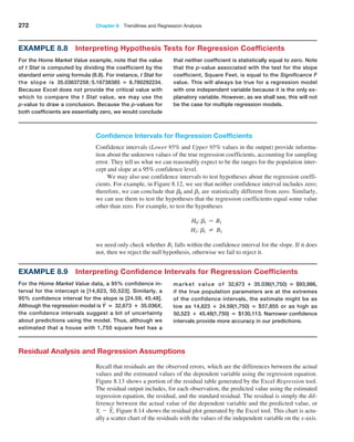 272 Chapter 8  Trendlines and Regression Analysis
Confidence Intervals for Regression Coefficients
Confidence intervals (Lower 95% and Upper 95% values in the output) provide informa-
tion about the unknown values of the true regression coefficients, accounting for sampling
error. They tell us what we can reasonably expect to be the ranges for the population inter-
cept and slope at a 95% confidence level.
We may also use confidence intervals to test hypotheses about the regression coeffi-
cients. For example, in Figure 8.12, we see that neither confidence interval includes zero;
therefore, we can conclude that b0 and b1 are statistically different from zero. Similarly,
we can use them to test the hypotheses that the regression coefficients equal some value
other than zero. For example, to test the hypotheses
H0: b1 = B1
H1: b1 ≠ B1
we need only check whether B1 falls within the confidence interval for the slope. If it does
not, then we reject the null hypothesis, otherwise we fail to reject it.
Example 8.8 Interpreting Hypothesis Tests for Regression Coefficients
For the Home Market Value example, note that the value
of t Stat is computed by dividing the coefficient by the
standard error using formula (8.8). For instance, t Stat for
the slope is 35.036372585.16738385 = 6.780292234.
Because Excel does not provide the critical value with
which to compare the t Stat value, we may use the
p-value to draw a conclusion. Because the p-values for
both coefficients are essentially zero, we would ­
conclude
that neither coefficient is statistically equal to zero. Note
that the p-value associated with the test for the slope
coefficient, Square Feet, is equal to the Significance F
value. This will always be true for a regression model
with one independent variable because it is the only ex-
planatory variable. However, as we shall see, this will not
be the case for multiple regression models.
Example 8.9 Interpreting Confidence Intervals for Regression Coefficients
For the Home Market Value data, a 95% confidence in-
terval for the intercept is [14,823, 50,523]. Similarly, a
95% confidence interval for the slope is [24.59, 45.48].
­
Although the regression model is Y
n = 32,673 + 35.036X,
the confidence intervals suggest a bit of uncertainty
about predictions using the model. Thus, although we
estimated that a house with 1,750 square feet has a
market value of 32,673 + 35.036(1,750) = $93,986,
if the true population parameters are at the extremes
of the confidence intervals, the estimate might be as
low as 14,823 + 24.59(1,750) = $57,855 or as high as
50,523 + 45.48(1,750) = $130,113. Narrower confidence
intervals provide more accuracy in our predictions.
Residual Analysis and Regression Assumptions
Recall that residuals are the observed errors, which are the differences between the actual
values and the estimated values of the dependent variable using the regression equation.
Figure 8.13 shows a portion of the residual table generated by the Excel Regression tool.
The residual output includes, for each observation, the predicted value using the estimated
regression equation, the residual, and the standard residual. The residual is simply the dif-
ference between the actual value of the dependent variable and the predicted value, or
Yi - Y
ni. Figure 8.14 shows the residual plot generated by the Excel tool. This chart is actu-
ally a scatter chart of the residuals with the values of the independent variable on the x-axis.
 