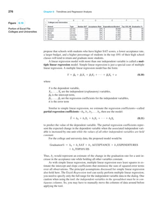 276 Chapter 8  Trendlines and Regression Analysis
propose that schools with students who have higher SAT scores, a lower acceptance rate,
a larger budget, and a higher percentage of students in the top 10% of their high school
classes will tend to retain and graduate more students.
A linear regression model with more than one independent variable is called a mul-
tiple linear regression model. Simple linear regression is just a special case of multiple
linear regression. A multiple linear regression model has the form:
Y = b0 + b1X1 + b2X2 + g + bkXk + e (8.10)
where
Y is the dependent variable,
X1, c, Xk are the independent (explanatory) variables,
b0 is the intercept term,
b1, c, bk are the regression coefficients for the independent variables,
e is the error term
Similar to simple linear regression, we estimate the regression coefficients—called
partial regression coefficients—b0, b1, b2, cbk, then use the model:
Y
n = b0 + b1X1 + b2X2 + g + bkXk (8.11)
to predict the value of the dependent variable. The partial regression coefficients repre-
sent the expected change in the dependent variable when the associated independent vari-
able is increased by one unit while the values of all other independent variables are held
constant.
For the college and university data, the proposed model would be
Graduation% = b0 + b1 SAT + b2 ACCEPTANCE + b3 EXPENDITURES
+ b4 TOP10%HS
Thus, b2 would represent an estimate of the change in the graduation rate for a unit in-
crease in the acceptance rate while holding all other variables constant.
As with simple linear regression, multiple linear regression uses least squares to es-
timate the intercept and slope coefficients that minimize the sum of squared error terms
over all observations. The principal assumptions discussed for simple linear regression
also hold here. The Excel Regression tool can easily perform multiple linear regression;
you need to specify only the full range for the independent variable data in the dialog. One
caution when using the tool: the independent variables in the spreadsheet must be in con-
tiguous columns. So, you may have to manually move the columns of data around before
applying the tool.
Figure 8.16
Portion of Excel File
Colleges and Universities
 
