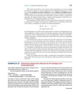 Chapter 8  Trendlines and Regression Analysis 277
The results from the Regression tool are in the same format as we saw for simple
linear regression. However, some key differences exist. Multiple R and R Square (or R2
)
are called the multiple correlation coefficient and the coefficient of multiple determi-
nation, respectively, in the context of multiple regression. They indicate the strength of
association between the dependent and independent variables. Similar to simple linear
regression, R2
explains the percentage of variation in the dependent variable that is ex-
plained by the set of independent variables in the model.
The interpretation of the ANOVA section is quite different from that in simple lin-
ear regression. For multiple linear regression, ANOVA tests for significance of the entire
model. That is, it computes an F-statistic for testing the hypotheses
H0: b1 = b2 = g = bk = 0
H1: at least one bj is not 0
The null hypothesis states that no linear relationship exists between the dependent and any
of the independent variables, whereas the alternative hypothesis states that the dependent
variable has a linear relationship with at least one independent variable. If the null hy-
pothesis is rejected, we cannot conclude that a relationship exists with every independent
variable individually.
The multiple linear regression output also provides information to test hypothe-
ses about each of the individual regression coefficients. Specifically, we may test the
null hypothesis that b0 (the intercept) or any bi equals zero. If we reject the null hy-
pothesis that the slope associated with independent variable i is zero, H0: bi = 0, then
we may state that independent variable i is significant in the regression model; that
is, it contributes to reducing the variation in the dependent variable and improves the
ability of the model to better predict the dependent variable. However, if we cannot
reject H0, then that independent variable is not significant and probably should not be
included in the model. We see how to use this information to identify the best model
in the next section.
Finally, for multiple regression models, a residual plot is generated for each indepen-
dent variable. This allows you to assess the linearity and homoscedasticity assumptions of
regression.
Example 8.12 
Interpreting Regression Results for the Colleges and
Universities Data
The multiple regression results for the college and uni-
versity data are shown in Figure 8.17.
From the Coefficients section, we see that the model is:
Graduation% =
17.92 + 0.072 SAT − 24.859 ACCEPTANCE
− 0.000136 EXPENDITURES − 0.163 TOP10% HS
The signs of some coefficients make sense; higher
SAT scores and lower acceptance rates suggest higher
graduation rates. However, we might expect that larger
student expenditures and a higher percentage of top
high school students would also positively influence the
graduation rate. Perhaps the problem occurred because
some of the best students are more demanding and
change schools if their needs are not being met, some
entrepreneurial students might pursue other interests
before graduation, or there is sampling error. As with
simple linear regression, the model should be used only
for values of the independent variables within the range
of the data.
The value of R2
(0.53) indicates that 53% of the varia-
tion in the dependent variable is explained by these in-
dependent variables. This suggests that other factors not
included in the model, perhaps campus living conditions,
social opportunities, and so on, might also influence the
graduation rate.
(continued)
 
