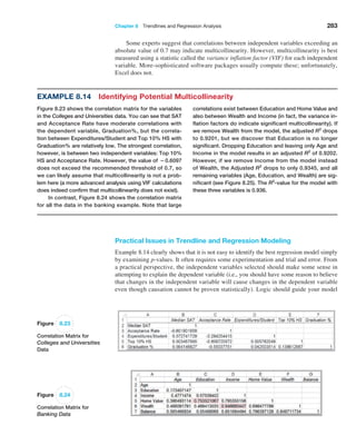 Chapter 8  Trendlines and Regression Analysis 283
Some experts suggest that correlations between independent variables exceeding an
absolute value of 0.7 may indicate multicollinearity. However, multicollinearity is best
measured using a statistic called the variance inflation factor (VIF) for each independent
variable. More-sophisticated software packages usually compute these; unfortunately,
­
Excel does not.
Example 8.14 Identifying Potential Multicollinearity
Figure 8.23 shows the correlation matrix for the variables
in the Colleges and Universities data. You can see that SAT
and Acceptance Rate have moderate correlations with
the dependent variable, Graduation%, but the correla-
tion between Expenditures/Student and Top 10% HS with
Graduation% are relatively low. The strongest correlation,
however, is between two independent variables: Top 10%
HS and Acceptance Rate. However, the value of −0.6097
does not exceed the recommended threshold of 0.7, so
we can likely assume that multicollinearity is not a prob-
lem here (a more advanced analysis using VIF calculations
does indeed confirm that multicollinearity does not exist).
In contrast, Figure 8.24 shows the correlation matrix
for all the data in the banking example. Note that large
correlations exist between Education and Home Value and
also between Wealth and Income (in fact, the variance in-
flation factors do indicate significant multicollinearity). If
we remove Wealth from the model, the adjusted R2
drops
to 0.9201, but we discover that Education is no longer
significant. Dropping Education and leaving only Age and
Income in the model results in an adjusted R2
of 0.9202.
However, if we remove Income from the model instead
of Wealth, the Adjusted R2
drops to only 0.9345, and all
remaining variables (Age, Education, and Wealth) are sig-
nificant (see Figure 8.25). The R2
-value for the model with
these three variables is 0.936.
Figure 8.23
Correlation Matrix for
Colleges and Universities
Data
Figure 8.24
Correlation Matrix for
Banking Data
Practical Issues in Trendline and Regression Modeling
Example 8.14 clearly shows that it is not easy to identify the best regression model ­
simply
by examining p-values. It often requires some experimentation and trial and error. From
a practical perspective, the independent variables selected should make some sense in
­
attempting to explain the dependent variable (i.e., you should have some reason to ­
believe
that changes in the independent variable will cause changes in the dependent variable
even though causation cannot be proven statistically). Logic should guide your model
 