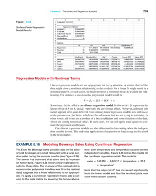 Chapter 8  Trendlines and Regression Analysis 289
Regression Models with Nonlinear Terms
Linear regression models are not appropriate for every situation. A scatter chart of the
data might show a nonlinear relationship, or the residuals for a linear fit might result in a
­
nonlinear pattern. In such cases, we might propose a nonlinear model to explain the rela-
tionship. For instance, a second-order polynomial model would be
Y = b0 + b1X + b2X2
+ e
Sometimes, this is called a curvilinear regression model. In this model, b1 represents the
linear effect of X on Y, and b2 represents the curvilinear effect. However, although this
model appears to be quite different from ordinary linear regression models, it is still linear
in the parameters (the betas, which are the unknowns that we are trying to estimate). In
other words, all terms are a product of a beta coefficient and some function of the data,
which are simply numerical values. In such cases, we can still apply least squares to esti-
mate the regression coefficients.
Curvilinear regression models are also often used in forecasting when the indepen-
dent variable is time. This and other applications of regression in forecasting are discussed
in the next chapter.
Figure 8.33
Surface Finish Regression
Model Results
Example 8.18 Modeling Beverage Sales Using Curvilinear Regression
The Excel file Beverage Sales provides data on the sales
of cold beverages at a small restaurant with a large out-
door patio during the summer months (see Figure 8.34).
The owner has observed that sales tend to increase
on hotter days. Figure 8.35 shows linear regression re-
sults for these data. The U-shape of the residual plot (a
­
second-order polynomial trendline was fit to the residual
data) suggests that a linear relationship is not appropri-
ate. To apply a curvilinear regression model, add a col-
umn to the data matrix by squaring the temperatures.
Now, both temperature and temperature squared are the
independent variables. Figure 8.36 shows the results for
the curvilinear regression model. The model is:
sales = 142,850 − 3,643.17 × temperature + 23.3
× temperature2
Note that the adjusted R2
has increased significantly
from the linear model and that the residual plots now
show more random patterns.
 