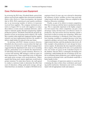 298 Chapter 8  Trendlines and Regression Analysis
Case: Performance Lawn Equipment
In reviewing the PLE data, Elizabeth Burke noticed that
defects received from suppliers have decreased ­
(worksheet
­Defects After Delivery). Upon investigation, she learned
that in 2010, PLE experienced some quality problems
due to an increasing number of defects in materials
received from suppliers. The company instituted an ini-
tiative in ­
August 2011 to work with suppliers to reduce
these defects, to more closely coordinate deliveries, and to
­
improve materials quality through reengineering supplier
production policies. Elizabeth noted that the program ap-
peared to reverse an increasing trend in defects; she would
like to predict what might have happened had the supplier
initiative not been implemented and how the number of
defects might further be reduced in the near future.
In meeting with PLE’s human resources director,
Elizabeth also discovered a concern about the high rate
of turnover in its field service staff. Senior managers have
suggested that the department look closer at its recruiting
policies, particularly to try to identify the characteristics
of individuals that lead to greater retention. However, in
a recent staff meeting, HR managers could not agree on
these characteristics. Some argued that years of education
and grade point averages were good predictors. Others
argued that hiring more mature applicants would lead to
greater retention. To study these factors, the staff agreed
to conduct a statistical study to determine the effect that
years of education, college grade point average, and age
when hired have on retention. A sample of 40 field service
engineers hired 10 years ago was selected to determine
the influence of these variables on how long each indi-
vidual stayed with the company. Data are compiled in the
Employee Retention worksheet.
Finally, as part of its efforts to remain competitive,
PLE tries to keep up with the latest in production technol-
ogy. This is especially important in the highly competi-
tive lawn-mower line, where competitors can gain a real
advantage if they develop more cost-effective means of
production. The lawn-mower division therefore spends a
great deal of effort in testing new technology. When new
production technology is introduced, firms often experi-
ence learning, resulting in a gradual decrease in the time
required to produce successive units. Generally, the rate of
improvement declines until the production time levels off.
One example is the production of a new design for lawn-
mower engines. To determine the time required to produce
these engines, PLE produced 50 units on its production
line; test results are given on the worksheet Engines in
the database. Because PLE is continually developing new
technology, understanding the rate of learning can be use-
ful in estimating future production costs without having to
run extensive prototype trials, and Elizabeth would like a
better handle on this.
Use techniques of regression analysis to assist her in
evaluating the data in these three worksheets and reach-
ing useful conclusions. Summarize your work in a formal
r­
eport with all appropriate results and analyses.
 