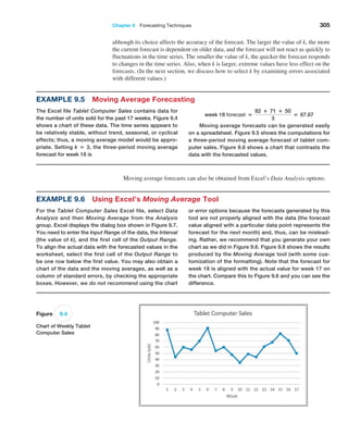 Chapter 9  Forecasting Techniques 305
although its choice affects the accuracy of the forecast. The larger the value of k, the more
the current forecast is dependent on older data, and the forecast will not react as quickly to
fluctuations in the time series. The smaller the value of k, the quicker the forecast responds
to changes in the time series. Also, when k is larger, extreme values have less effect on the
forecasts. (In the next section, we discuss how to select k by examining errors associated
with different values.)
Example 9.5 Moving Average Forecasting
The Excel file Tablet Computer Sales contains data for
the number of units sold for the past 17 weeks. Figure 9.4
shows a chart of these data. The time series appears to
be relatively stable, without trend, seasonal, or cyclical
effects; thus, a moving average model would be appro-
priate. Setting k = 3, the three-period moving average
forecast for week 18 is
week 18 forecast =
82 + 71 + 50
3
= 67.67
Moving average forecasts can be generated easily
on a spreadsheet. Figure 9.5 shows the computations for
a three-period moving average forecast of tablet com-
puter sales. Figure 9.6 shows a chart that contrasts the
data with the forecasted values.
Figure 9.4
Chart of Weekly Tablet
Computer Sales
Example 9.6 Using Excel’s Moving Average Tool
For the Tablet Computer Sales Excel file, select Data
Analysis and then Moving Average from the Analysis
group. Excel displays the dialog box shown in Figure 9.7.
You need to enter the Input Range of the data, the ­
Interval
(the value of k), and the first cell of the Output Range.
To align the ­
actual data with the forecasted values in the
worksheet, select the first cell of the Output Range to
be one row below the first value. You may also obtain a
chart of the data and the moving ­
averages, as well as a
column of standard ­
errors, by checking the appropriate
boxes. However, we do not ­
recommend ­
using the chart
or error options because the forecasts ­
generated by this
tool are not properly aligned with the data (the forecast
value aligned with a particular data point ­
represents the
forecast for the next month) and, thus, can be mislead-
ing. Rather, we recommend that you generate your own
chart as we did in Figure 9.6. Figure 9.8 shows the ­
results
produced by the Moving Average tool (with some cus-
tomization of the formatting). Note that the forecast for
week 18 is aligned with the actual value for week 17 on
the chart. Compare this to Figure 9.6 and you can see the
difference.
Moving average forecasts can also be obtained from Excel’s Data Analysis options.
 
