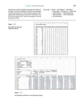 Chapter 9  Forecasting Techniques 317
variable time could not explain any significant variation in
the data. The dummy variable for February was probably
insignificant because the historical gas usage for both
January and February were very close to each other. The
R2
for this model is 0.971, which is very good. The final
regression model is
gas usage = 236.75 − 36.75 March − 99.25 April
− 192.25 May − 203.25 June − 208.25 July
− 209.75 August − 208.25 September
− 196.75 October − 149.75 November
− 43.25 December
Figure 9.20
Data Matrix for Seasonal
Regression Model
Figure 9.21
Final Regression Model for Forecasting Gas Usage
 
