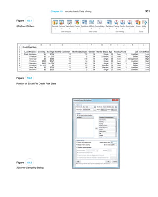 Chapter 10  Introduction to Data Mining 331
Figure 10.3
XLMiner Sampling Dialog
Figure 10.2
Portion of Excel File Credit Risk Data
Figure 10.1
XLMiner Ribbon
 
