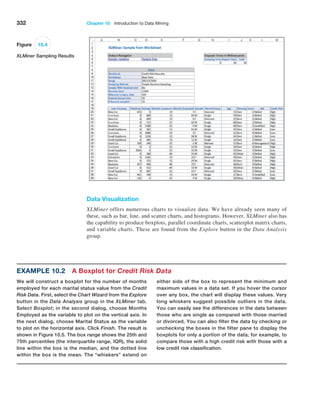 332 Chapter 10  Introduction to Data Mining
Example 10.2 A Boxplot for Credit Risk Data
We will construct a boxplot for the number of months
employed for each marital status value from the Credit
Risk Data. First, select the Chart Wizard from the Explore
button in the Data Analysis group in the XLMiner tab.
Select Boxplot; in the second dialog, choose Months
­
Employed as the variable to plot on the vertical axis. In
the next dialog, choose Marital Status as the variable
to plot on the horizontal axis. Click Finish. The result is
shown in Figure 10.5. The box range shows the 25th and
75th percentiles (the interquartile range, IQR), the solid
line within the box is the median, and the dotted line
within the box is the mean. The “whiskers” extend on
either side of the box to represent the minimum and
maximum values in a data set. If you hover the cursor
over any box, the chart will display these values. Very
long whiskers suggest possible outliers in the data.
You can easily see the differences in the data between
those who are single as compared with those married
or divorced. You can also filter the data by checking or
unchecking the boxes in the filter pane to display the
boxplots for only a portion of the data, for example, to
compare those with a high credit risk with those with a
low credit risk classification.
Figure 10.4
XLMiner Sampling Results
Data Visualization
XLMiner offers numerous charts to visualize data. We have already seen many of
these, such as bar, line, and scatter charts, and histograms. However, XLMiner also has
the capability to produce boxplots, parallel coordinate charts, scatterplot matrix charts,
and variable charts. These are found from the Explore button in the Data Analysis
group.
 
