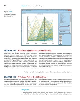 334 Chapter 10  Introduction to Data Mining
Finally, a variable plot simply plots a matrix of histograms for the variables selected.
Example 10.5 A Variable Plot of Credit Risk Data
Select the Chart Wizard from the Explore button in the
Data Analysis group in the XLMiner tab. Select Variable.
In the next dialog, check the boxes for the variables
you wish to include (we kept them all) and click Finish.
Figure 10.8 shows the results. This tool is much easier
to use than Excel's Histogram tool, especially for many
variables in a data set and you can easily filter the data
to create different perspectives.
Figure 10.6
Example of a Parallel
Coordinates Plot
Example 10.4 A Scatterplot Matrix for Credit Risk Data
Select the Chart Wizard from the Explore button in
the Data Analysis group in the XLMiner tab. Select
­
Scatterplot Matrix. In the next dialog, check the boxes
for Months Customer, Months Employed, and Age and
click Finish. Figure 10.7 shows the result. Along the
­
diagonal are histograms of the individual variables. Off
the diagonal are scatterplots of pairs of variables. For
example, the chart in the third row and second column of
the figure shows the scatter chart of Months Employed
versus Age. Note that months employed is on the x-axis
and age on the y-axis. The data appear to have a slight
upward linear trend, signifying that older individuals have
been employed for a longer time. Note that there are two
charts for each pair of variables with the axes flipped.
For example, the chart in the second row and third col-
umn is the same as the one we discussed, but with age
on the x-axis. As before, you can easily filter the data to
create different views.
Dirty Data
It is not unusual to find real data sets that have missing values or errors. Such data sets
are called “dirty” and need to be “cleaned” prior to analyzing them. Several approaches
 