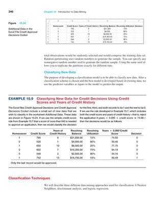 346 Chapter 10  Introduction to Data Mining
Example 10.9 
Classifying New Data for Credit Decisions Using Credit
Scores and Years of Credit History
The Excel files Credit Approval Decisions and Credit Approval
Decisions Coded include a small set of new data that we
wish to classify in the worksheet Additional Data. These data
are shown in Figure 10.24. If we use the simple credit-score
rule from Example 10.7 that a score of more than 640 is needed
to approve an application, then we would classify the decision
for the first, third, and sixth records to be 1 and the rest to be 0.
If we use the rule developed in Example 10.7, which includes
both the credit score and years of credit history—that is, reject
the application if years + 0.095 × credit score  74.66—
then the decisions would be as follows:
Homeowner Credit Score
Years of
Credit History
Revolving
Balance
Revolving
Utilization
Years + 0.095*Credit
Score Decision
1 700 8 $21,000.00 15% 74.50 0
0 520 1 $4,000.00 90% 50.40 0
1 650 10 $8,500.00 25% 71.75 0
0 602 7 $16,300.00 70% 64.19 0
0 549 2 $2,500.00 90% 54.16 0
1 742 15 $16,700.00 18% 85.49 1
Only the last record would be approved.
­
total observations would be randomly selected and would comprise the training data set.
Random partitioning uses random numbers to generate the sample. You can specify any
nonnegative random number seed to generate the random sample. Using the same seed al-
lows you to replicate the partitions exactly for different runs.
Classifying New Data
The purpose of developing a classification model is to be able to classify new data. After a
classification scheme is chosen and the best model is developed based on existing data, we
use the predictor variables as inputs to the model to predict the output.
Figure 10.24
Additional Data in the
Excel File Credit Approval
Decisions Coded
Classification Techniques
We will describe three different data-mining approaches used for classification: k-Nearest
Neighbors, discriminant analysis, and logistic regression.
 