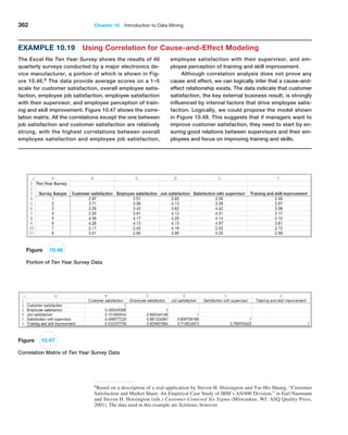 362 Chapter 10  Introduction to Data Mining
Example 10.19 Using Correlation for Cause-and-Effect Modeling
The Excel file Ten Year Survey shows the results of 40
quarterly surveys conducted by a major electronics de-
vice manufacturer, a portion of which is shown in Fig-
ure 10.46.6 The data provide average scores on a 1–5
scale for customer satisfaction, overall employee satis-
faction, employee job satisfaction, employee satisfaction
with their supervisor, and employee perception of train-
ing and skill improvement. Figure 10.47 shows the corre-
lation matrix. All the correlations except the one between
job satisfaction and customer satisfaction are relatively
strong, with the highest correlations between overall
employee satisfaction and employee job satisfaction,
employee satisfaction with their supervisor, and em-
ployee perception of training and skill improvement.
Although correlation analysis does not prove any
cause and effect, we can logically infer that a cause-and-
effect relationship exists. The data indicate that customer
satisfaction, the key external business result, is strongly
influenced by internal factors that drive employee satis-
faction. Logically, we could propose the model shown
in Figure 10.48. This suggests that if managers want to
improve customer satisfaction, they need to start by en-
suring good relations between supervisors and their em-
ployees and focus on improving training and skills.
6Based on a description of a real application by Steven H. Hoisington and Tse-His Huang, “Customer
Satisfaction and Market Share: An Empirical Case Study of IBM’s AS/400 Division,” in Earl Naumann
and Steven H. Hoisington (eds.) Customer-Centered Six Sigma (Milwaukee, WI: ASQ Quality Press,
2001). The data used in this example are fictitious, however.
Figure 10.46
Portion of Ten Year Survey Data
Figure 10.47
Correlation Matrix of Ten Year Survey Data
 