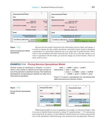 Chapter 11  Spreadsheet Modeling and Analysis 371
Because decision models characterize the relationships between inputs and outputs, it
is useful to separate the data, model calculations, and model outputs clearly in designing
a spreadsheet. It is particularly important not to use input data in model formulas, but to
reference the spreadsheet cells that contain the data. In this way, if the data change or you
want to experiment with the model, you need not change any of the formulas, which can
easily result in errors.
Figure 11.2
Outsourcing Decision Model
Spreadsheet
Example 11.4 Pricing Decision Spreadsheet Model
Another model we developed in Chapter 1 is one in
which a firm wishes to determine the best pricing for
one of its products to maximize revenue. The model was
­
developed by incorporating an equation for sales into a
total revenue calculation:
sales = −2.9485 × price + 3,240.9
total revenue = price × sales
= price × (−2.9485 × price + 3,240.9)
= −2.9485 × price2
+ 3,240.9 × price
Figure 11.3 shows a spreadsheet for calculating both
sales and revenue as a function of price.
Figure 11.3
Pricing Decision Spreadsheet
Model
Mathematical models are easy to manipulate; for example, we showed in Chapter 1 that
it was easy to find the break-even point by setting TC (manufacturing) = TC (outsourcing)
and solving for Q. In contrast, it is more difficult to find the break-even volume using trial and
error on the spreadsheet without knowing some advanced tools and approaches. However,
 