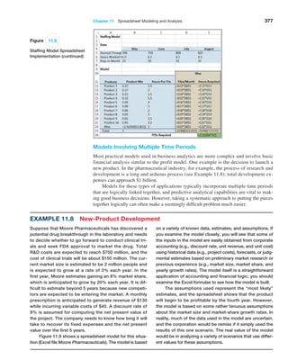 Chapter 11  Spreadsheet Modeling and Analysis 377
Models Involving Multiple Time Periods
Most practical models used in business analytics are more complex and involve basic
financial analysis similar to the profit model. One example is the decision to launch a
new product. In the pharmaceutical industry, for example, the process of research and
development is a long and arduous process (see Example 11.8); total development ex-
penses can approach $1 billion.
Models for these types of applications typically incorporate multiple time periods
that are logically linked together, and predictive analytical capabilities are vital to mak-
ing good business decisions. However, taking a systematic approach to putting the pieces
­
together logically can often make a seemingly difficult problem much easier.
Example 11.8 New-Product Development
Suppose that Moore Pharmaceuticals has discovered a
potential drug breakthrough in the laboratory and needs
to decide whether to go forward to conduct clinical tri-
als and seek FDA approval to market the drug. Total
RD costs are expected to reach $700 million, and the
cost of clinical trials will be about $150 million. The cur-
rent market size is estimated to be 2 million people and
is expected to grow at a rate of 3% each year. In the
first year, Moore estimates gaining an 8% market share,
which is anticipated to grow by 20% each year. It is dif-
ficult to estimate beyond 5 years because new competi-
tors are expected to be entering the market. A monthly
prescription is anticipated to generate revenue of $130
while incurring variable costs of $40. A discount rate of
9% is assumed for computing the net present value of
the project. The company needs to know how long it will
take to recover its fixed expenses and the net present
value over the first 5 years.
Figure 11.9 shows a spreadsheet model for this situa-
tion (Excel file Moore Pharmaceuticals). The model is based
on a variety of known data, estimates, and assumptions. If
you examine the model closely, you will see that some of
the inputs in the model are easily obtained from corporate
accounting (e.g., discount rate, unit revenue, and unit cost)
using historical data (e.g., project costs), forecasts, or judg-
mental estimates based on preliminary market research or
previous experience (e.g., market size, market share, and
yearly growth rates). The model itself is a straightforward
application of accounting and financial logic; you should
examine the Excel formulas to see how the model is built.
The assumptions used represent the “most likely”
estimates, and the spreadsheet shows that the product
will begin to be profitable by the fourth year. However,
the model is based on some rather tenuous assumptions
about the market size and market-share growth rates. In
reality, much of the data used in the model are uncertain,
and the corporation would be remiss if it simply used the
results of this one scenario. The real value of the model
would be in analyzing a variety of scenarios that use differ-
ent values for these assumptions.
Figure 11.8
Staffing Model Spreadsheet
Implementation (continued)
 