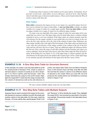 390 Chapter 11  Spreadsheet Modeling and Analysis
Figure 11.21
Data Table Dialog
Example 11.16 A One-Way Data Table for Uncertain Demand
In this example, we create a one-way data table for profit
for varying levels of demand. First, create a column of
demand values in column E exactly as we did in Exam-
ple 11.15. Then in cell F3, enter the formula =C22. This
simply references the output of the profit model. High-
light the range E3:F11 (note that this range includes both
the column of demand as well as the cell reference to
profit), and select Data Table from the What-If Analysis
menu. In the Column input cell field, enter B8; this tells
the tool that the values in column E are different values
of demand in the model. When you click OK, the tool
produces the results (which we formatted as currency)
shown in Figure 11.22.
Conducting what-if analysis in this fashion can be quite tedious. Fortunately, Excel
provides several tools—data tables, Scenario Manager, and Goal Seek—that facilitate
what-if and other types of decision model analyses. These can be found within the What-If
Analysis menu in the Data tab.
Data Tables
Data tables summarize the impact of one or two inputs on a specified output. Excel al-
lows you to construct two types of data tables. A one-way data table evaluates an output
variable over a range of values for a single input variable. Two-way data tables evaluate
an output variable over a range of values for two different input variables.
To create a one-way data table, first create a range of values for some input cell in your
model that you wish to vary. The input values must be listed either down a column (column
oriented) or across a row (row oriented). If the input values are column oriented, enter the
cell reference for the output variable in your model that you wish to evaluate in the row
above the first value and one cell to the right of the column of input values. Reference any
other output variable cells to the right of the first formula. If the input values are listed across
a row, enter the cell reference of the output variable in the column to the left of the first
value and one cell below the row of values. Type any additional output cell references below
the first one. Next, select the range of cells that contains both the formulas and values you
want to substitute. From the Data tab in Excel, select Data Table under the What-If Analysis
menu. In the dialog box (see Figure 11.21), if the input range is column oriented, type the
cell reference for the input cell in your model in the Column input cell box. If the input range
is row oriented, type the cell reference for the input cell in the Row input cell box.
and “Revenue” in G2 to identify the results. Then, highlight
the range E3:G11 and proceed as described in the previ-
ous example. This process results in the data table shown
in Figure 11.23.
Example 11.17 One-Way Data Tables with Multiple Outputs
Suppose that we want to examine the impact of the uncer-
tain demand on revenue in addition to profit. We simply add
another column to the data table. For this case, insert the
formula =C15 into cell G3. Also, add the labels “Profit” in F2
We may evaluate multiple outputs using one-way data tables.
 