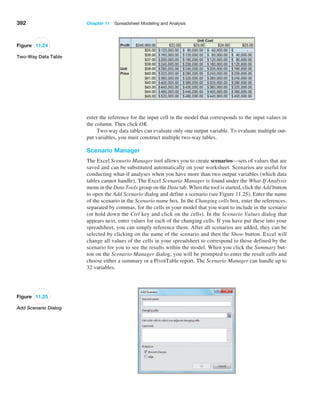 392 Chapter 11  Spreadsheet Modeling and Analysis
enter the reference for the input cell in the model that corresponds to the input values in
the column. Then click OK.
Two-way data tables can evaluate only one output variable. To evaluate multiple out-
put variables, you must construct multiple two-way tables.
Scenario Manager
The Excel Scenario Manager tool allows you to create scenarios—sets of values that are
saved and can be substituted automatically on your worksheet. Scenarios are useful for
conducting what-if analyses when you have more than two output variables (which data
tables cannot handle). The Excel Scenario Manager is found under the What-If Analysis
menu in the Data Tools group on the Data tab. When the tool is started, click the Add button
to open the Add Scenario dialog and define a scenario (see Figure 11.25). Enter the name
of the scenario in the Scenario name box. In the Changing cells box, enter the references,
separated by commas, for the cells in your model that you want to include in the ­
scenario
(or hold down the Ctrl key and click on the cells). In the Scenario Values dialog that
appears next, enter values for each of the changing cells. If you have put these into your
spreadsheet, you can simply reference them. After all scenarios are added, they can be
selected by clicking on the name of the scenario and then the Show button. Excel will
change all values of the cells in your spreadsheet to correspond to those defined by the
scenario for you to see the results within the model. When you click the Summary but-
ton on the Scenario Manager dialog, you will be prompted to enter the result cells and
choose either a summary or a PivotTable report. The Scenario Manager can handle up to
32 variables.
Figure 11.24
Two-Way Data Table
Figure 11.25
Add Scenario Dialog
 
