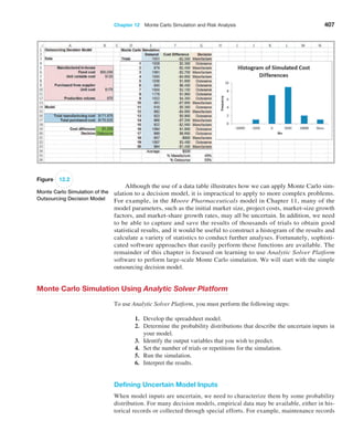 Chapter 12  Monte Carlo Simulation and Risk Analysis 407
Figure 12.2
Monte Carlo Simulation of the
Outsourcing Decision Model
Although the use of a data table illustrates how we can apply Monte Carlo sim-
ulation to a decision model, it is impractical to apply to more complex problems.
For example, in the Moore Pharmaceuticals model in Chapter 11, many of the
model parameters, such as the initial market size, project costs, market-size growth
factors, and market-share growth rates, may all be uncertain. In addition, we need
to be able to capture and save the results of thousands of trials to obtain good
statistical results, and it would be useful to construct a histogram of the results and
calculate a variety of statistics to conduct further analyses. Fortunately, sophisti-
cated software approaches that easily perform these functions are available. The
remainder of this chapter is focused on learning to use Analytic Solver Platform
software to perform large-scale Monte Carlo simulation. We will start with the simple
outsourcing decision model.
Monte Carlo Simulation Using Analytic Solver Platform
To use Analytic Solver Platform, you must perform the following steps:
1. Develop the spreadsheet model.
2. Determine the probability distributions that describe the uncertain inputs in
your model.
3. Identify the output variables that you wish to predict.
4. Set the number of trials or repetitions for the simulation.
5. Run the simulation.
6. Interpret the results.
Defining Uncertain Model Inputs
When model inputs are uncertain, we need to characterize them by some probability
distribution. For many decision models, empirical data may be available, either in his-
torical records or collected through special efforts. For example, maintenance ­
records
 
