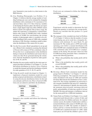 Chapter 12  Monte Carlo Simulation and Risk Analysis 435
year. Summarize your results in a short memo to the
RD director.
11. Cruz Wedding Photography (see Problem 15 in
­
Chapter 11) believes that the average number of wed-
ding bookings per year can be estimated by triangular
distribution with a minimum of 10, ­
maximum of 22,
and most likely value of 15. One of the key variables
in developing his business plan is the life he can expect
from a single digital single lens reflex (DSLR) camera
before it needs to be replaced. Due to heavy usage, the
shutter life expectancy is estimated by a normal distri-
bution with a mean of 150,000 clicks with a standard
deviation of 10,000. For each booking, the average
number of photographs taken is assumed to be nor-
mally distributed with a mean of 2,000 with a standard
deviation of 300. Develop a simulation model to deter-
mine the distribution of the camera life (in years).
12. Use the Newsvendor Model spreadsheet to set up and
run a Monte Carlo simulation assuming that demand
is Poisson with a mean of 45 but a minimum value of
40 (use the lower cutoff parameter in the distribution
dialog to truncate the distribution and ensure that no
values less that 40 are generated during the simula-
tion). Find the distribution of profit for order quanti-
ties of 40, 45, and 50.
13. Simulate the newsvendor model for the mini-mart sit-
uation described in Problem 12 of Chapter 11. Use the
IntUniform distribution in Analytic Solver ­
Platform
to model the demand and find the distribution of profit
for order quantities of 10, 15, 20, 25, and 30.
14. Using the profit model developed in Chapter 11,
implement a financial simulation model for a new
product proposal and determine a distribution of prof-
its using the discrete distributions below for the unit
cost, demand, and fixed costs. Price is fixed at $1,000.
Unit costs are unknown and follow the distribution:
Unit Cost Probability
$400 0.20
$600 0.40
$700 0.25
$800 0.15
Demand is also variable and follows the following
distribution:
Demand Probability
120 0.25
140 0.50
160 0.25
Fixed costs are estimated to follow the following
­distribution:
Fixed Costs Probability
$45,000 0.20
$50,000 0.50
$55,000 0.30
Experiment with the model to determine the best
production quantity to maximize the average profit.
Would you conclude that this product is a good
­investment?
15. The manager of the extended-stay hotel in Problem
27 of Chapter 11 believes that the number of rooms
rented during any given week has a triangular dis-
tribution with minimum 32, most likely 38, and
maximum 50. The weekly price is $950 and weekly
operating costs follow a normal distribution with
mean $20,000 and a standard deviation of $2500 but
with a minimum value of $15,000 (lower cutoff pa-
rameter in the dialog; this prevents values less than
$15,000 from being generated). Run a simulation to
answer the following questions.
a. What is the probability that weekly profit will be
positive?
b. What is the probability that weekly profit will
­exceed $20,000?
c. What is the probability that weekly profit will be
less than $10,000?
16. Develop a Monte Carlo simulation model for the
garage-band in Problem 7 in Chapter 11 with the
­
following assumptions. The expected crowd is nor-
mally distributed with mean of 3,000 and standard
deviation 400 (truncate the distribution to have a mini-
mum of 0). The average expenditure on concessions is
also normally distributed with mean $15, standard de-
viation $3, and minimum 0. Identify the mean profit,
the minimum observed profit, maximum observed
profit, and probability of achieving a profit of at least
$60,000. Develop and interpret a confidence interval
for the mean profit for a 5,000-trial simulation.
17. Tanner Park (see Problem 14 in Chapter 11) is a small
amusement park that provides a variety of rides and
outdoor activities for children and teens. In a typical
summer season, the number of adult tickets sold has a
normal distribution with a mean of 20,000 and a stan-
dard deviation of 2,000. The number of children’s
tickets sold has a normal distribution with a mean
of 10,000 and a standard deviation of 1,000. Adult
ticket prices are $18 and the children’s price is $10.
 