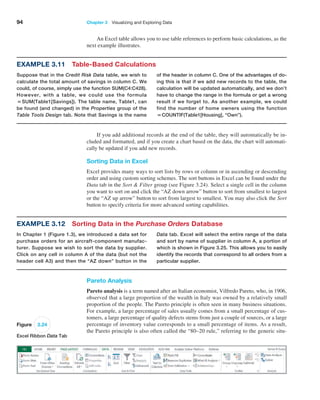 94 Chapter 3   Visualizing and Exploring Data
An Excel table allows you to use table references to perform basic calculations, as the
next example illustrates.
Example 3.11 Table-Based Calculations
Suppose that in the Credit Risk Data table, we wish to
calculate the total amount of savings in column C. We
could, of course, simply use the function SUM(C4:C428).
However, with a table, we could use the formula
=SUM(Table1[Savings]). The table name, Table1, can
be found (and changed) in the Properties group of the
Table Tools Design tab. Note that Savings is the name
of the header in column C. One of the advantages of do-
ing this is that if we add new records to the table, the
calculation will be updated automatically, and we don’t
have to change the range in the formula or get a wrong
result if we forget to. As another example, we could
find the number of home owners using the function
=COUNTIF(Table1[Housing], “Own”).
If you add additional records at the end of the table, they will automatically be in-
cluded and formatted, and if you create a chart based on the data, the chart will automati-
cally be updated if you add new records.
Sorting Data in Excel
Excel provides many ways to sort lists by rows or column or in ascending or descending
order and using custom sorting schemes. The sort buttons in Excel can be found under the
Data tab in the Sort  Filter group (see Figure 3.24). Select a single cell in the column
you want to sort on and click the “AZ down arrow” button to sort from smallest to largest
or the “AZ up arrow” button to sort from largest to smallest. You may also click the Sort
button to specify criteria for more advanced sorting capabilities.
Example 3.12 Sorting Data in the Purchase Orders Database
In Chapter 1 (Figure 1.3), we introduced a data set for
purchase orders for an aircraft-component manufac-
turer. Suppose we wish to sort the data by supplier.
Click on any cell in column A of the data (but not the
header cell A3) and then the “AZ down” button in the
Data tab. Excel will select the entire range of the data
and sort by name of supplier in column A, a portion of
which is shown in Figure 3.25. This allows you to easily
identify the records that correspond to all orders from a
particular supplier.
Pareto Analysis
Pareto analysis is a term named after an Italian economist, Vilfredo Pareto, who, in 1906,
observed that a large proportion of the wealth in Italy was owned by a relatively small
proportion of the people. The Pareto principle is often seen in many business situations.
For example, a large percentage of sales usually comes from a small percentage of cus-
tomers, a large percentage of quality defects stems from just a couple of sources, or a large
percentage of inventory value corresponds to a small percentage of items. As a result,
the Pareto principle is also often called the “80–20 rule,” referring to the generic situ-
Figure 3.24
Excel Ribbon Data Tab
 