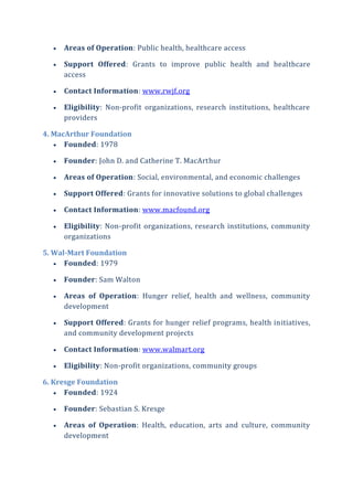  Areas of Operation: Public health, healthcare access
 Support Offered: Grants to improve public health and healthcare
access
 Contact Information: www.rwjf.org
 Eligibility: Non-profit organizations, research institutions, healthcare
providers
4. MacArthur Foundation
 Founded: 1978
 Founder: John D. and Catherine T. MacArthur
 Areas of Operation: Social, environmental, and economic challenges
 Support Offered: Grants for innovative solutions to global challenges
 Contact Information: www.macfound.org
 Eligibility: Non-profit organizations, research institutions, community
organizations
5. Wal-Mart Foundation
 Founded: 1979
 Founder: Sam Walton
 Areas of Operation: Hunger relief, health and wellness, community
development
 Support Offered: Grants for hunger relief programs, health initiatives,
and community development projects
 Contact Information: www.walmart.org
 Eligibility: Non-profit organizations, community groups
6. Kresge Foundation
 Founded: 1924
 Founder: Sebastian S. Kresge
 Areas of Operation: Health, education, arts and culture, community
development
 