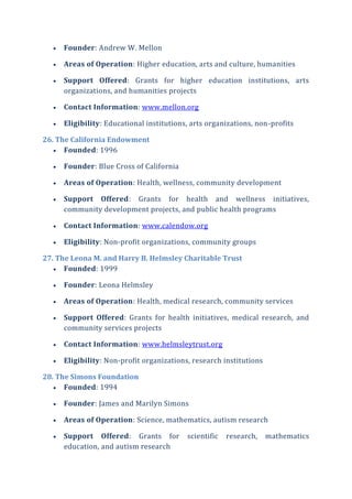  Founder: Andrew W. Mellon
 Areas of Operation: Higher education, arts and culture, humanities
 Support Offered: Grants for higher education institutions, arts
organizations, and humanities projects
 Contact Information: www.mellon.org
 Eligibility: Educational institutions, arts organizations, non-profits
26. The California Endowment
 Founded: 1996
 Founder: Blue Cross of California
 Areas of Operation: Health, wellness, community development
 Support Offered: Grants for health and wellness initiatives,
community development projects, and public health programs
 Contact Information: www.calendow.org
 Eligibility: Non-profit organizations, community groups
27. The Leona M. and Harry B. Helmsley Charitable Trust
 Founded: 1999
 Founder: Leona Helmsley
 Areas of Operation: Health, medical research, community services
 Support Offered: Grants for health initiatives, medical research, and
community services projects
 Contact Information: www.helmsleytrust.org
 Eligibility: Non-profit organizations, research institutions
28. The Simons Foundation
 Founded: 1994
 Founder: James and Marilyn Simons
 Areas of Operation: Science, mathematics, autism research
 Support Offered: Grants for scientific research, mathematics
education, and autism research
 