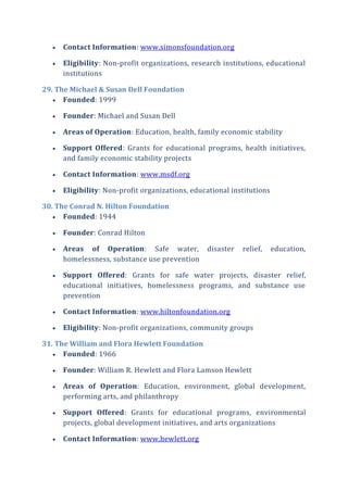  Contact Information: www.simonsfoundation.org
 Eligibility: Non-profit organizations, research institutions, educational
institutions
29. The Michael & Susan Dell Foundation
 Founded: 1999
 Founder: Michael and Susan Dell
 Areas of Operation: Education, health, family economic stability
 Support Offered: Grants for educational programs, health initiatives,
and family economic stability projects
 Contact Information: www.msdf.org
 Eligibility: Non-profit organizations, educational institutions
30. The Conrad N. Hilton Foundation
 Founded: 1944
 Founder: Conrad Hilton
 Areas of Operation: Safe water, disaster relief, education,
homelessness, substance use prevention
 Support Offered: Grants for safe water projects, disaster relief,
educational initiatives, homelessness programs, and substance use
prevention
 Contact Information: www.hiltonfoundation.org
 Eligibility: Non-profit organizations, community groups
31. The William and Flora Hewlett Foundation
 Founded: 1966
 Founder: William R. Hewlett and Flora Lamson Hewlett
 Areas of Operation: Education, environment, global development,
performing arts, and philanthropy
 Support Offered: Grants for educational programs, environmental
projects, global development initiatives, and arts organizations
 Contact Information: www.hewlett.org
 