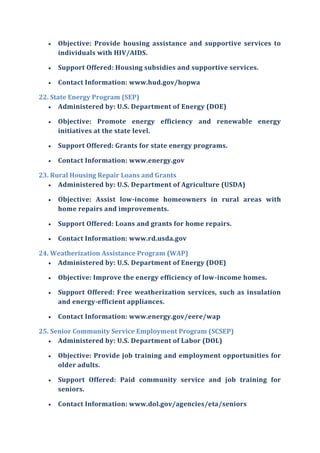  Objective: Provide housing assistance and supportive services to
individuals with HIV/AIDS.
 Support Offered: Housing subsidies and supportive services.
 Contact Information: www.hud.gov/hopwa
22. State Energy Program (SEP)
 Administered by: U.S. Department of Energy (DOE)
 Objective: Promote energy efficiency and renewable energy
initiatives at the state level.
 Support Offered: Grants for state energy programs.
 Contact Information: www.energy.gov
23. Rural Housing Repair Loans and Grants
 Administered by: U.S. Department of Agriculture (USDA)
 Objective: Assist low-income homeowners in rural areas with
home repairs and improvements.
 Support Offered: Loans and grants for home repairs.
 Contact Information: www.rd.usda.gov
24. Weatherization Assistance Program (WAP)
 Administered by: U.S. Department of Energy (DOE)
 Objective: Improve the energy efficiency of low-income homes.
 Support Offered: Free weatherization services, such as insulation
and energy-efficient appliances.
 Contact Information: www.energy.gov/eere/wap
25. Senior Community Service Employment Program (SCSEP)
 Administered by: U.S. Department of Labor (DOL)
 Objective: Provide job training and employment opportunities for
older adults.
 Support Offered: Paid community service and job training for
seniors.
 Contact Information: www.dol.gov/agencies/eta/seniors
 