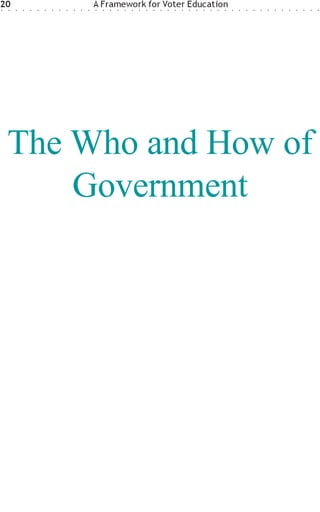 20
○   ○   ○   ○   ○   ○   ○   ○   ○   ○   ○   ○   ○
                                                    A Framework for Voter Education
                                                    ○   ○   ○   ○   ○   ○   ○   ○   ○   ○   ○   ○   ○   ○   ○   ○   ○   ○   ○   ○   ○   ○   ○   ○   ○   ○   ○   ○   ○   ○   ○   ○




    The Who and How of
        Government
 