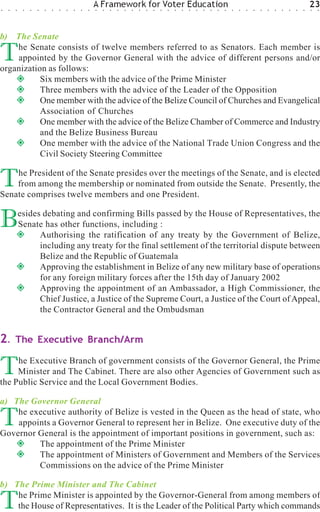 ○   ○   ○    ○   ○   ○   ○   ○   ○   ○   ○   ○   ○
                                                     A Framework for Voter Education
                                                     ○   ○   ○   ○   ○   ○   ○   ○   ○   ○   ○   ○   ○   ○   ○   ○   ○   ○   ○   ○   ○   ○   ○   ○   ○   ○   ○   ○   ○   ○
                                                                                                                                                                             23
                                                                                                                                                                             ○   ○




b) The Senate

T   he Senate consists of twelve members referred to as Senators. Each member is
    appointed by the Governor General with the advice of different persons and/or
organization as follows:
           Six members with the advice of the Prime Minister
           Three members with the advice of the Leader of the Opposition
           One member with the advice of the Belize Council of Churches and Evangelical
           Association of Churches
           One member with the advice of the Belize Chamber of Commerce and Industry
           and the Belize Business Bureau
           One member with the advice of the National Trade Union Congress and the
           Civil Society Steering Committee


T   he President of the Senate presides over the meetings of the Senate, and is elected
    from among the membership or nominated from outside the Senate. Presently, the
Senate comprises twelve members and one President.


B           esides debating and confirming Bills passed by the House of Representatives, the
            Senate has other functions, including :
                  Authorising the ratification of any treaty by the Government of Belize,
                  including any treaty for the final settlement of the territorial dispute between
                  Belize and the Republic of Guatemala
                  Approving the establishment in Belize of any new military base of operations
                  for any foreign military forces after the 15th day of January 2002
                  Approving the appointment of an Ambassador, a High Commissioner, the
                  Chief Justice, a Justice of the Supreme Court, a Justice of the Court of Appeal,
                  the Contractor General and the Ombudsman


2.      The Executive Branch/Arm


T    he Executive Branch of government consists of the Governor General, the Prime
     Minister and The Cabinet. There are also other Agencies of Government such as
the Public Service and the Local Government Bodies.

a) The Governor General

T   he executive authority of Belize is vested in the Queen as the head of state, who
    appoints a Governor General to represent her in Belize. One executive duty of the
Governor General is the appointment of important positions in government, such as:
         The appointment of the Prime Minister
         The appointment of Ministers of Government and Members of the Services
         Commissions on the advice of the Prime Minister

b) The Prime Minister and The Cabinet

T   he Prime Minister is appointed by the Governor-General from among members of
    the House of Representatives. It is the Leader of the Political Party which commands
 