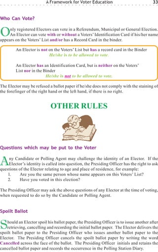 ○   ○   ○   ○   ○    ○   ○   ○   ○   ○   ○   ○   ○
                                                     A Framework for Voter Education
                                                     ○   ○   ○   ○   ○   ○   ○   ○   ○   ○   ○   ○   ○   ○   ○   ○   ○   ○   ○   ○   ○   ○   ○   ○   ○   ○   ○   ○   ○   ○
                                                                                                                                                                             33
                                                                                                                                                                             ○   ○




Who Can Vote?


O    nly registered Electors can vote in a Referendum, Municipal or General Election.
     An Elector can vote with or without a Voters’ Identification Card if his/her name
appears on the Voters’ List and/or has a Record Card in the binder.

                    An Elector is not on the Voters’ List but has a record card in the Binder
                                      He/she is to be allowed to vote.

                    An Elector has an Identification Card, but is neither on the Voters’
                    List nor in the Binder
                                     He/she is not to be allowed to vote.

The Elector may be refused a ballot paper if he/she does not comply with the staining of
the forefinger of the right hand or the left hand, if there is no right.


                                                         OTHER RULES




Questions which may be put to the Voter


A    ny Candidate or Polling Agent may challenge the identity of an Elector. If the
     Elector’s identity is called into question, the Presiding Officer has the right to ask
questions of the Elector relating to age and place of residence, for example:
    1.     Are you the same person whose name appears on this Voters’ List?
    2.     Have you voted in this election?

The Presiding Officer may ask the above questions of any Elector at the time of voting,
when requested to do so by the Candidate or Polling Agent.


Spoilt Ballot


S   hould an Elector spoil his ballot paper, the Presiding Officer is to issue another after
    retrieving, cancelling and recording the initial ballot paper. The Elector delivers the
spoilt ballot paper to the Presiding Officer who issues another ballot paper to the
Elector. The Presiding Officer cancels the spoilt ballot paper by writing the word
Cancelled across the face of the ballot. The Presiding Officer initials and retains the
cancelled ballot paper and records the occurrence in the Polling Station Diary.
 