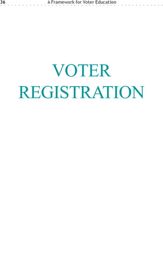 36
○   ○   ○   ○   ○   ○   ○   ○   ○   ○   ○   ○   ○
                                                    A Framework for Voter Education
                                                    ○   ○   ○   ○   ○   ○   ○   ○   ○   ○   ○   ○   ○   ○   ○   ○   ○   ○   ○   ○   ○   ○   ○   ○   ○   ○   ○   ○   ○   ○   ○   ○




                       VOTER
                    REGISTRATION
 